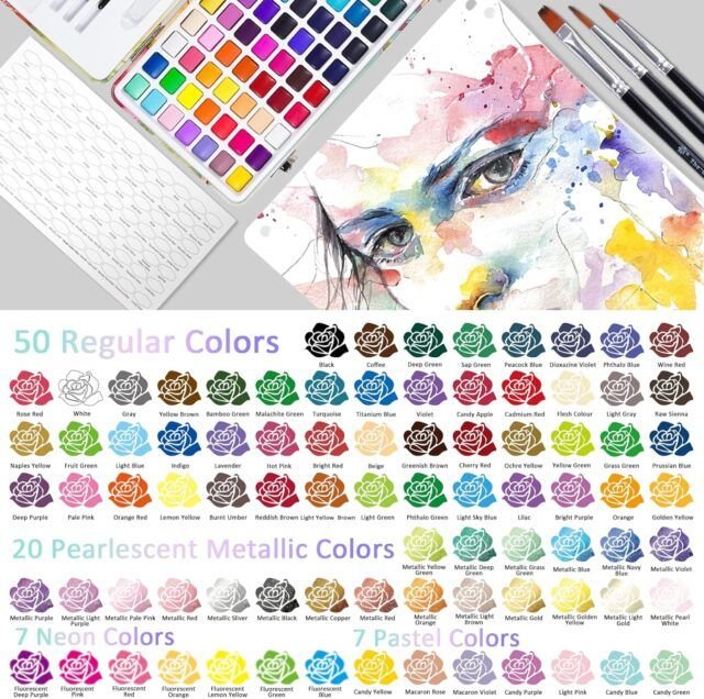 Enhance creativity with the Tbc Best Crafts 84 Color Watercolor Set, featuring 50 regular and 20 pearlescent metallic paints for vibrant art projects.