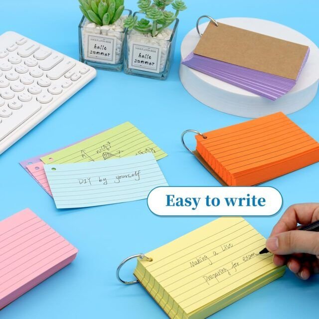 Vibrant 600-piece set of 3x5 ruled index cards with ring, ideal for educational study aids and organizational needs.