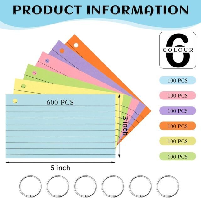 600pcs 3x5 Colored Index Cards: Ruled Flashcards with Ring, Perfect for Educators and Classroom Learning, Ideal Study Aid and Organizational Tool.