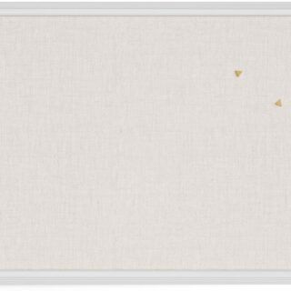 Rustic white-framed linen message board for classroom organization. Ideal farmhouse decor for keeping notes and schedules neatly displayed.