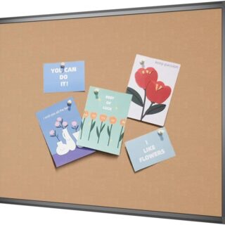 Cork notice board featuring a sleek black aluminum frame, perfect for educators seeking effective classroom displays and organization solutions.