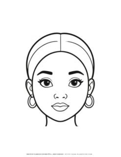 Front view portrait coloring page of a woman wearing a headband and round earrings, highlighting intricate details for coloring enthusiasts.