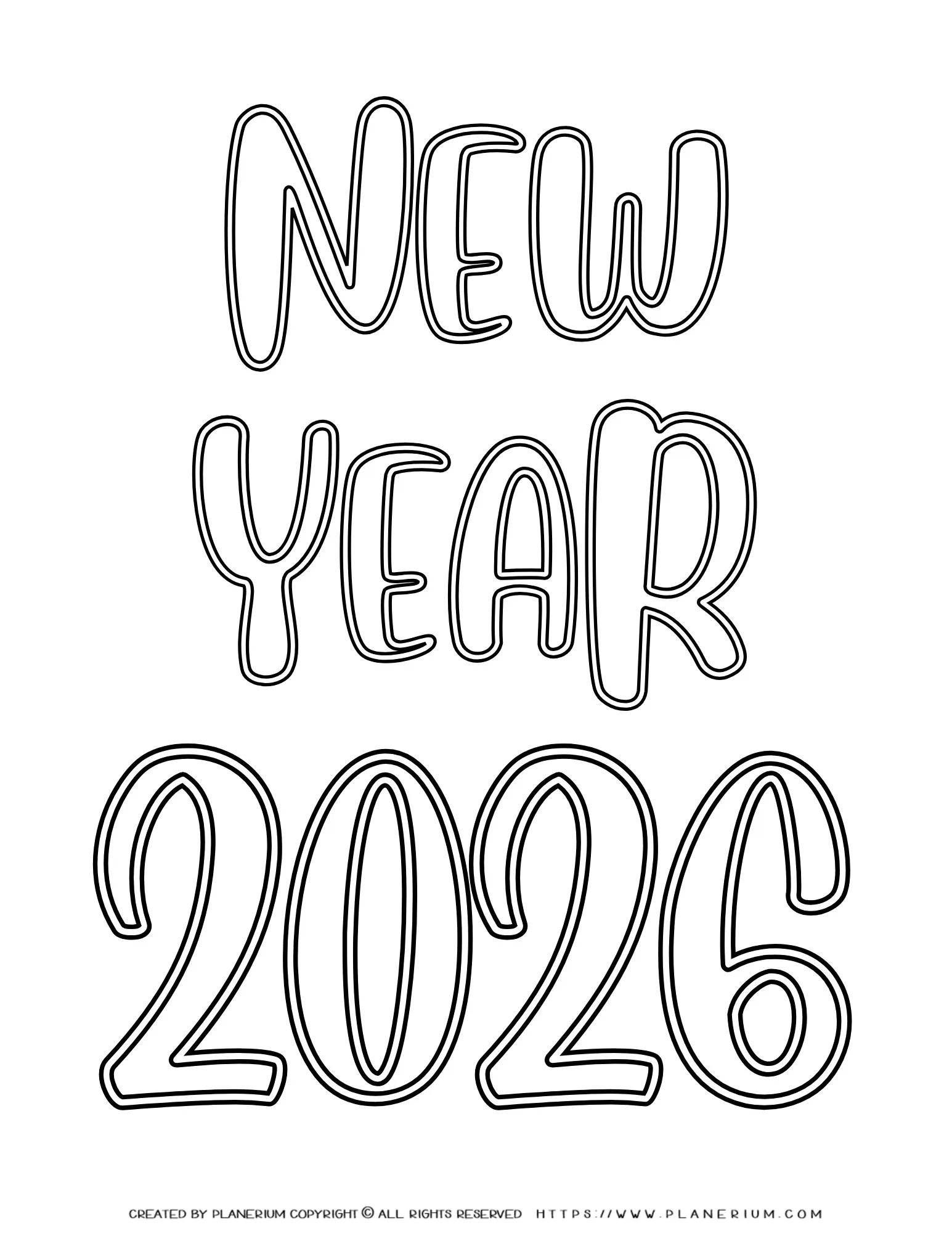 New year 2026 coloring page printable with title design for kids