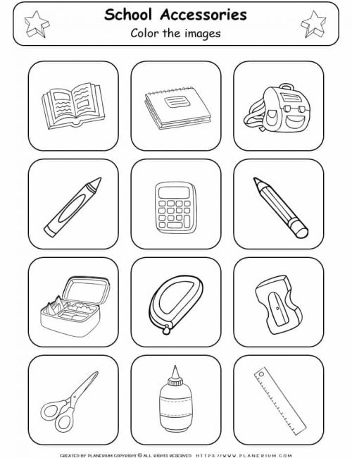 Back To School Worksheet - Coloring Twelve Accessories | Planerium