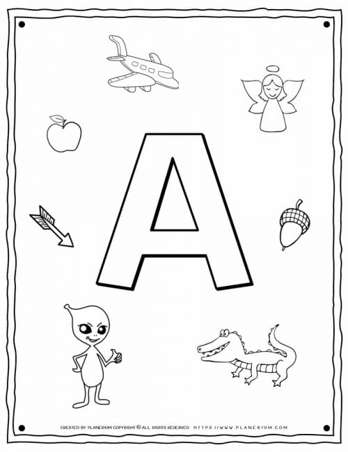 English Alphabet - Things Starting With A - Coloring Page | Planerium