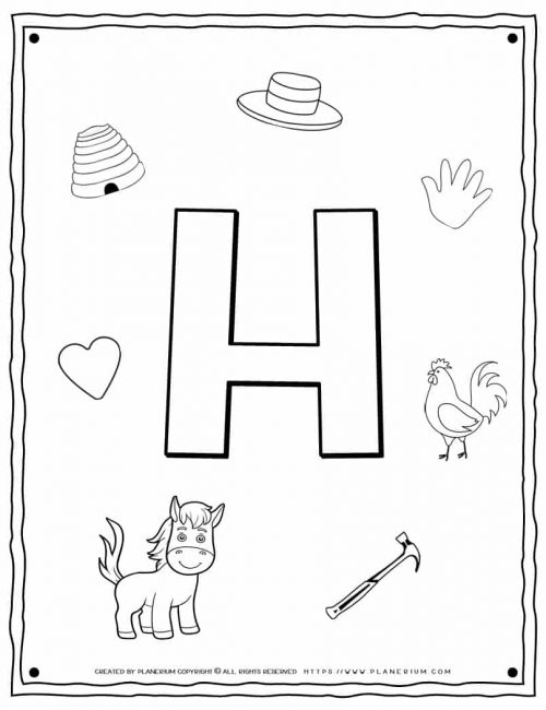 English Alphabet - Things Starting With H - Coloring Page | Planerium