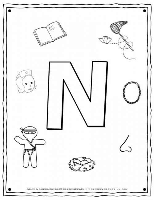 English Alphabet - Things Starting With N - Coloring Page | Planerium