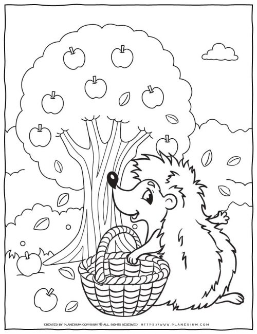 Fall Coloring Page - Hedgehog And Apple Tree | Planerium