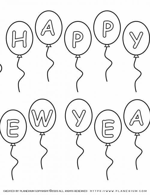 New Year Coloring Pages - Happy New Year Balloons | Planerium