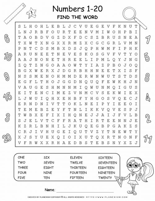 Numbers Worksheets - Find The Word 1-20 | Planerium