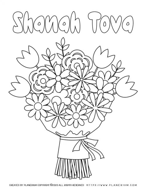 Rosh Hashanah - Coloring Pages - Shanah Tovah Flowers Bouquet | Planerium