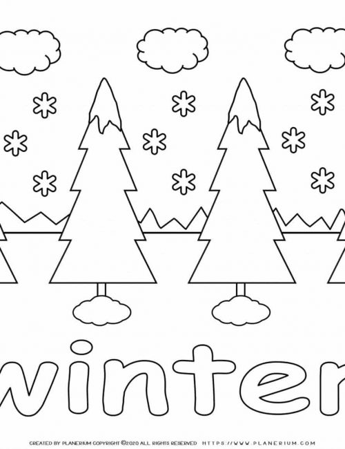 Winter Coloring Page - Four Trees in Snow | Planerium