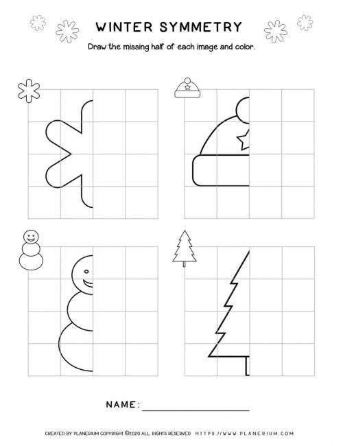 Symmetry Drawing - Winter worksheet - Free Printable | Planerium